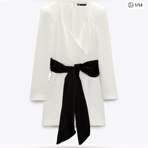 Zara White Long-Sleeve Romper with Black Waist Sash